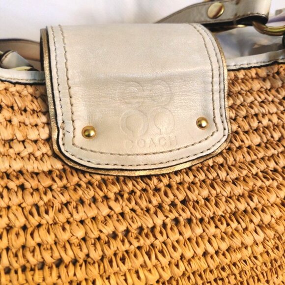 Coach Hamptons Large Natalie Raffia Straw & Leather Tea Roses Tote Bag GUC - Picture 6 of 16
